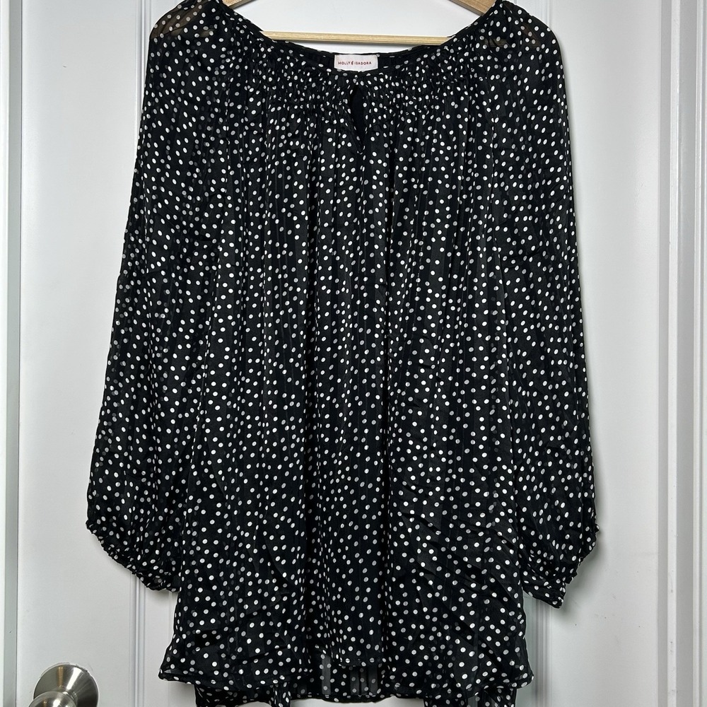 Molly & Isadora Polka Dot Chiffon Ruffle Billowy Sleeve Tie Neck Peasant Blouse